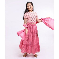 Pine Kids Half Sleeves Choli & Lehenga Set With Dupatta Printed - Pink