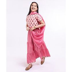 Pine Kids Half Sleeves Choli & Lehenga Set With Dupatta Printed - Pink