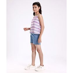 Pine Kids Singlet Sleeves Woven Top With Denim Shorts Printed - Multicolor