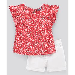 Pine Kids Cotton Floral Printed Top & Denim Shorts Set  - Red