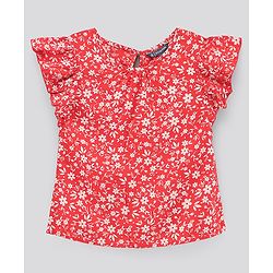 Pine Kids Cotton Floral Printed Top & Denim Shorts Set  - Red