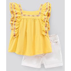 Pine Kids Flutter Sleeves Top & Shorts Set Floral Embroidery - Yellow