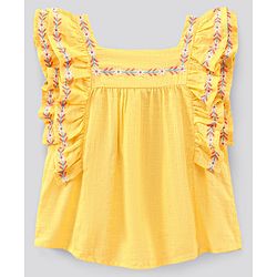 Pine Kids Flutter Sleeves Top & Shorts Set Floral Embroidery - Yellow