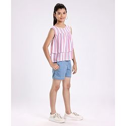 Pine Kids Sleeveless Woven Top With Denim Shorts Striped - Multicolor