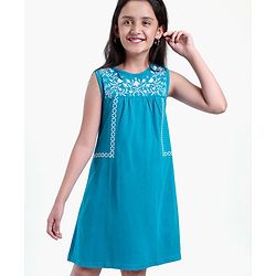 Pine Kids Sleeveless Biowashed Frock with Floral Embroidery - Blue