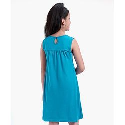 Pine Kids Sleeveless Biowashed Frock with Floral Embroidery - Blue