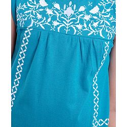 Pine Kids Sleeveless Biowashed Frock with Floral Embroidery - Blue