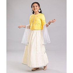 Pine Kids 3/4th Sleeves Embroidered Choli with Printed Lehenga - Yellow Silver