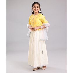 Pine Kids 3/4th Sleeves Embroidered Choli with Printed Lehenga - Yellow Silver