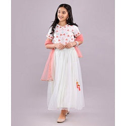 Pine Kids Half Sleeves Embroidered Choli & Lehenga Set With Dupatta - White
