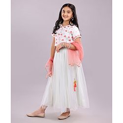 Pine Kids Half Sleeves Embroidered Choli & Lehenga Set With Dupatta - White