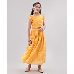 Pine Kids Sleeveless Top & Skirt Set With Schiffli Embroidery - Yellow