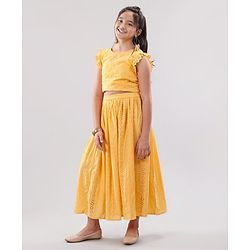 Pine Kids Sleeveless Top & Skirt Set With Schiffli Embroidery - Yellow