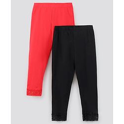 Pine Kids Ankle Length Biowashed Solid Leggings With Lace Detailing Pack Of 2 - Red Black