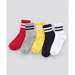 Pine Kids Ankle Length Anti Microbial Washed Socks Stripe Design Pack Of 5 - Red Grey Yellow Black White
