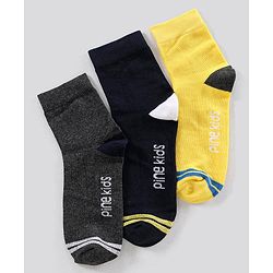 Pine Kids Ankle Length Anti Microbial Washed Socks Text Design Pack Of 3 - Grey Black Yellow
