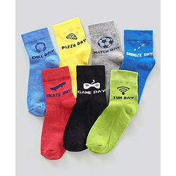 Pine Kids Ankle Length Anti Microbial Washed Socks Text Design Pack Of 7 - Blue Yellow Green Red Black Grey