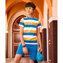 Pine Kids Half Sleeves T-Shirt & Shorts Set Striped - Yellow Blue