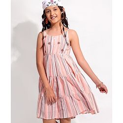 Pine Kids Girls Sleeveless Frock Stripes Print With Embroidery- Pink