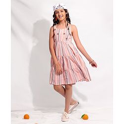 Pine Kids Girls Sleeveless Frock Stripes Print With Embroidery- Pink