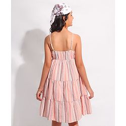 Pine Kids Girls Sleeveless Frock Stripes Print With Embroidery- Pink