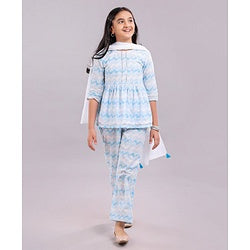 Pine Kids Three Fourth Sleeves Printed Kurta & Salwar with Duppatta - White Blue
