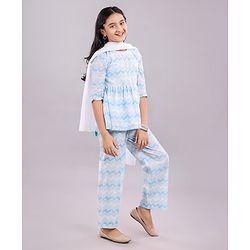 Pine Kids Three Fourth Sleeves Printed Kurta & Salwar with Duppatta - White Blue