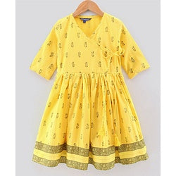 Pine Kids Three Fourth Sleeves Ethnic Dress Floral Print - Yellow