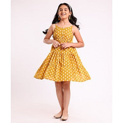 Pine Kids Singlet Sleeves Cotton Floral Printed Ethnic Dress - Mustard