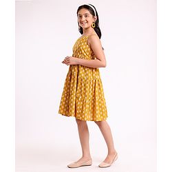 Pine Kids Singlet Sleeves Cotton Floral Printed Ethnic Dress - Mustard