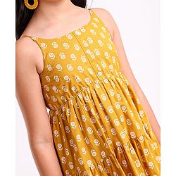 Pine Kids Singlet Sleeves Cotton Floral Printed Ethnic Dress - Mustard