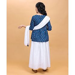 Pine Kids Full Sleeves Cotton Printed Kurti and Polka Dot Lehenga - Blue