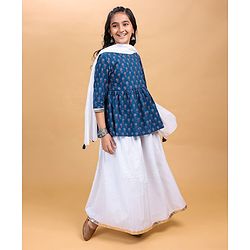 Pine Kids Full Sleeves Cotton Printed Kurti and Polka Dot Lehenga - Blue
