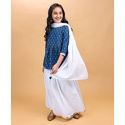 Pine Kids Full Sleeves Cotton Printed Kurti and Polka Dot Lehenga - Blue
