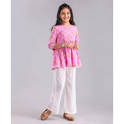 Pine Kids Full Sleeves Cotton Printed Kurti with Palazzo - Pink