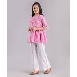 Pine Kids Full Sleeves Cotton Printed Kurti with Palazzo - Pink