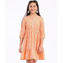 Pine Kids 3/4th Sleeves Cotton Ethnic Dress Floral Print - Coral Orange