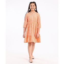 Pine Kids 3/4th Sleeves Cotton Ethnic Dress Floral Print - Coral Orange