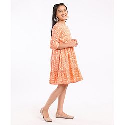 Pine Kids 3/4th Sleeves Cotton Ethnic Dress Floral Print - Coral Orange