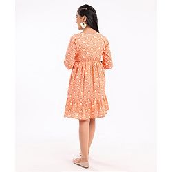 Pine Kids 3/4th Sleeves Cotton Ethnic Dress Floral Print - Coral Orange