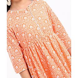 Pine Kids 3/4th Sleeves Cotton Ethnic Dress Floral Print - Coral Orange