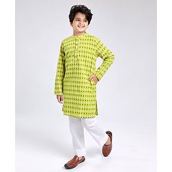 Pine Kids Full Sleeves Cotton Printed Kurta and Pyjama Set - Green