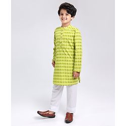 Pine Kids Full Sleeves Cotton Printed Kurta and Pyjama Set - Green