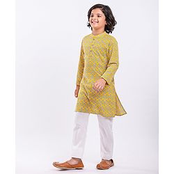 Pine Kids Full Sleeves Printed Kurta & Pyjama Set - Yellow White