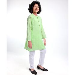 Pine Kids Full Sleeves Cotton Kurta Pajama Set Solid - Green