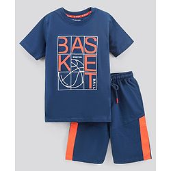 Pine Kids Bio Washed Half Sleeves T Shirt  and Shorts Set Text Print - Blue