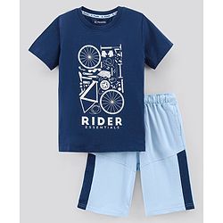 Pine Kids Half Sleeves Biowashed Cotton T-Shirt And Shorts Set Rider Essentials Print - Blue