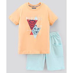 Pine Kids Half Sleeves Biowashed T-Shirt & Shorts Set Wilderness Print - Peach Blue