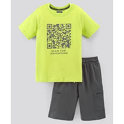 Pine Kids Half Sleeves Biowashed T-Shirt & Shorts Set QR Code Print - Green