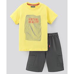 Pine Kids Half Sleeves Biowashed T-Shirt & Shorts Set Virtual Reality Print - Yellow